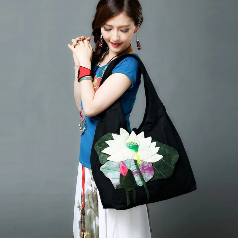 

Women Shoulder Bags Pretty Flower Bohemia Ethnic Style Canvas Handbag Lightweight Casual Large Capacity Shopping Lady Tote Bags