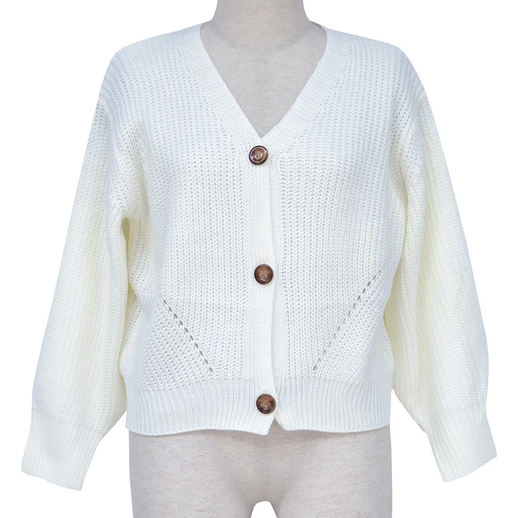 Женский Осенний теплый свитер вязаный мягкий однотонный кардиган с V-образным