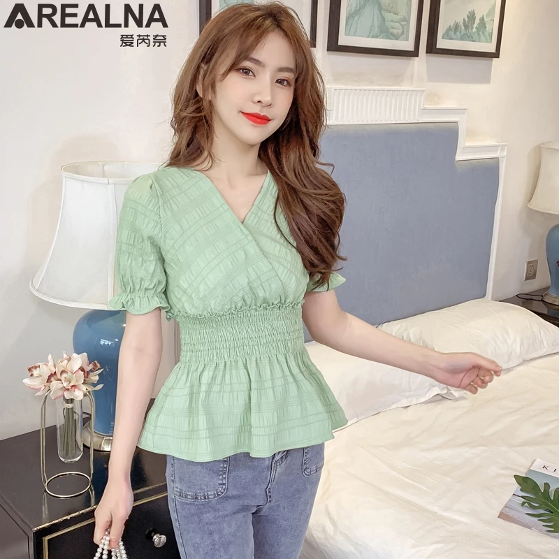 

Summer sexy Pleated slim waist ruffle blosue women elegant short sleeve V-neck white shirt korean fashion clothing camisas mujer