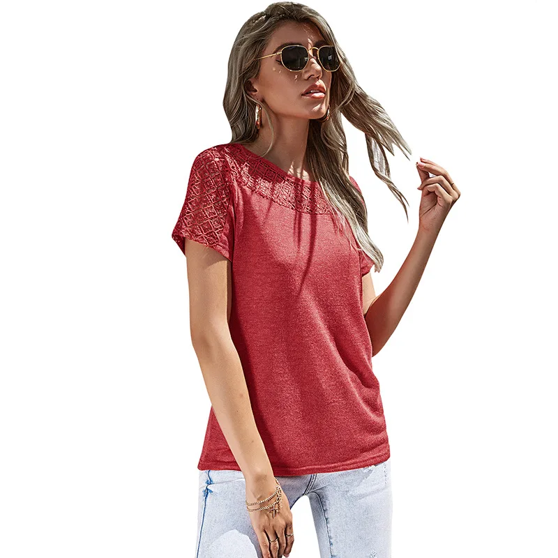 

women's Short sleeve T-shirt female round collar hollow out pure color summer leisure