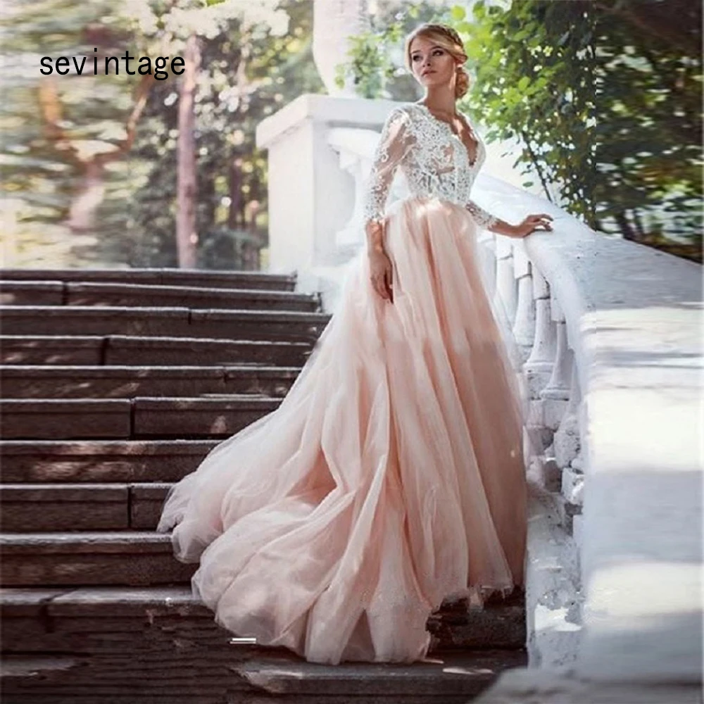 

Sexy V-neck Backless Ball Gown Wedding Dresses Lace Three Quarter Sleeves Formal Bridal Gowns Applique Tulle mariage