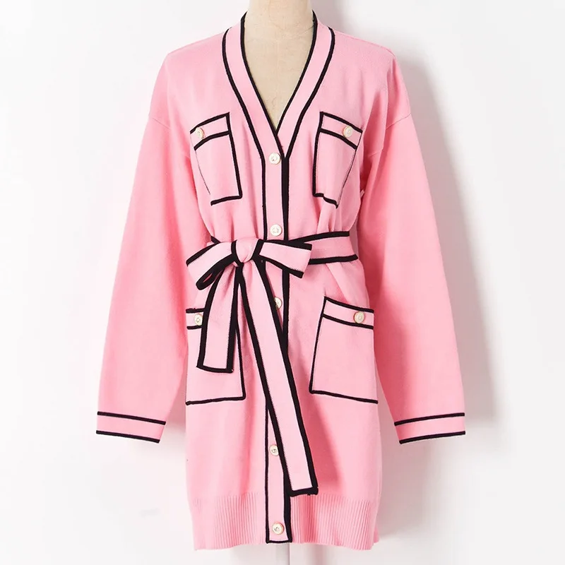 

Женский однобортный вязаный кардиган, розовый свитер контрастных цветов с карманами и V-образным вырезом, длинный джемпер с поясом, A440, весн...