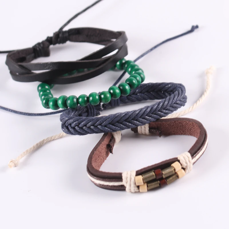 

Men's Woven Winding Leather Bracelet Vintage Beaded Collection Red Charm Wooden Bead Ethnic Tribal Wristband