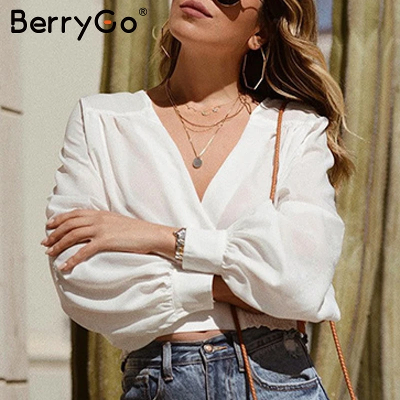 BerryGo сексуальная женская белая блузка с v образным вырезом рубашка эластичная