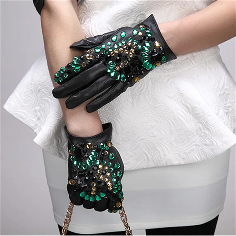 Роскошные классические цветные перчатки из овчины с бриллиантами Зимние Модные