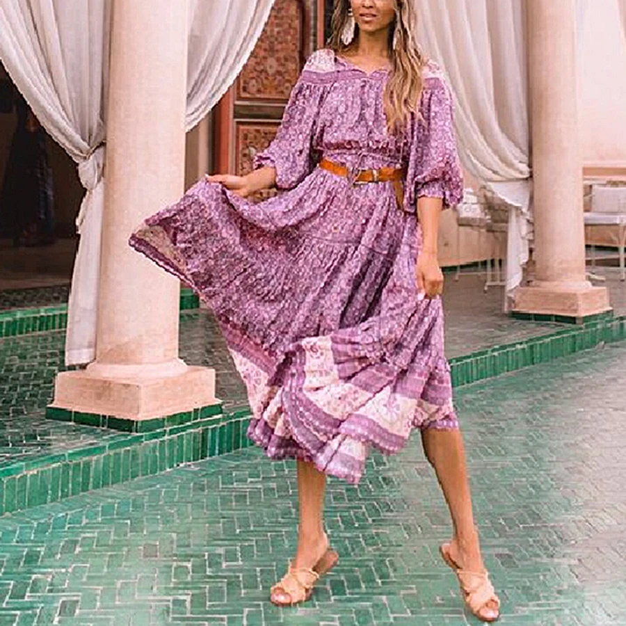 TEELYNN макси женские платья искусственный шелк розовый цветочный принт цыганские