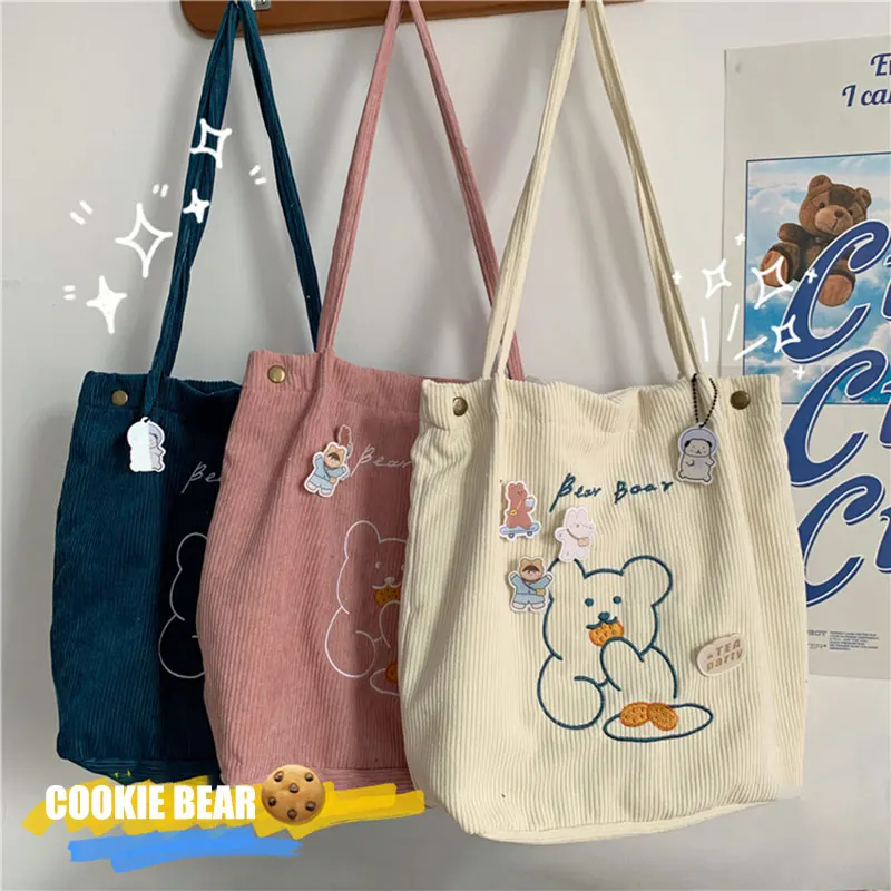 

Kawaii Bag Japanese Corduroy Embroidery Bear Shoulder Bag Women Cross Body Bag Animal Shopping Storage Bag Handbag New 2022