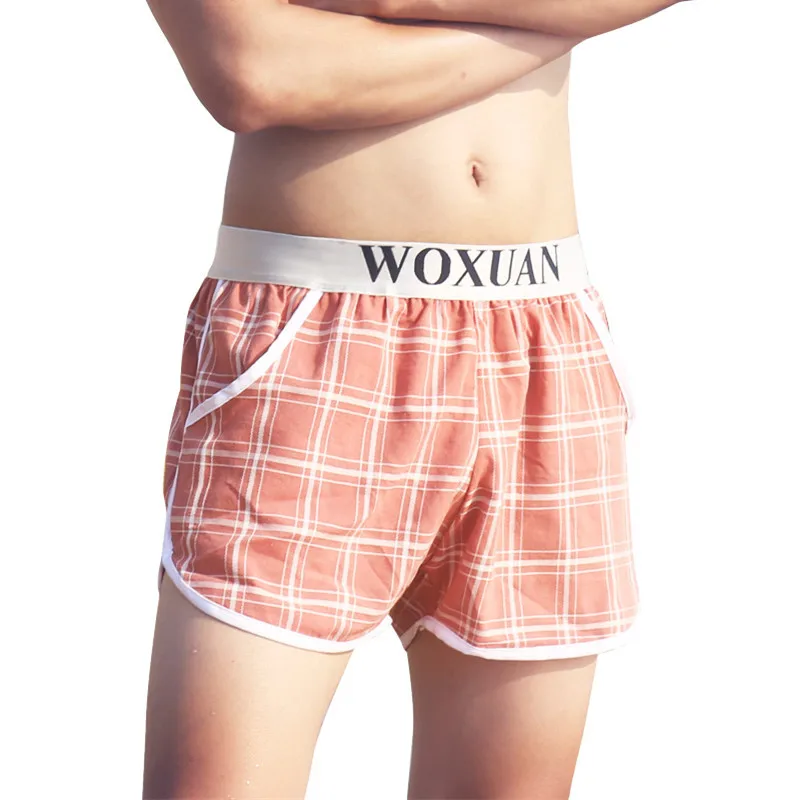 

Men Cotton Boxers Sexy Underwear Middle Waist Plaid Breathable Built-in U Convex Pouch Gay Underpants Male Panties Trunk Shorts