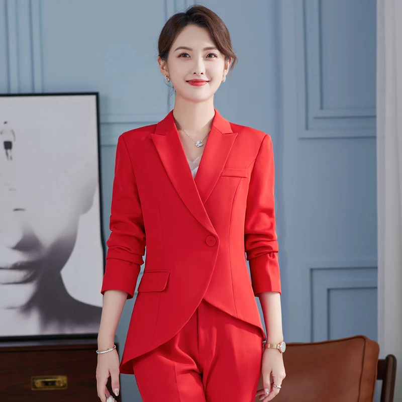Korean autumn suit large size office women business white-collar formal dress professional dress work clothes red suit + pants