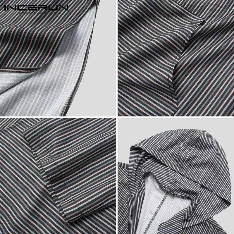 

Mens Robes INCERUN Fashion Striped Muslim Robes Men Long Sleeve V Neck Hooded Islamic Clothing Man Loose Pockets Jubba Thobe 5XL