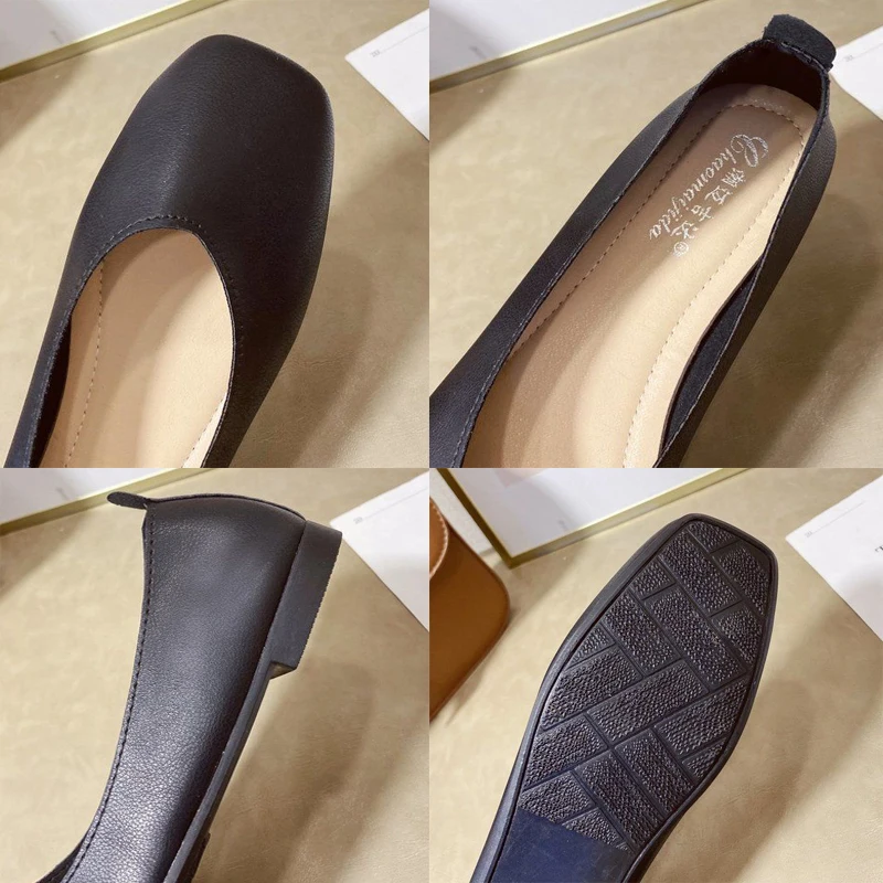 

Solid Black Soft Leather Non-Slip Work Shoes Designer Shallow Sewing Waterproof Flats Shoes Fashion Square Head Casual Shoes