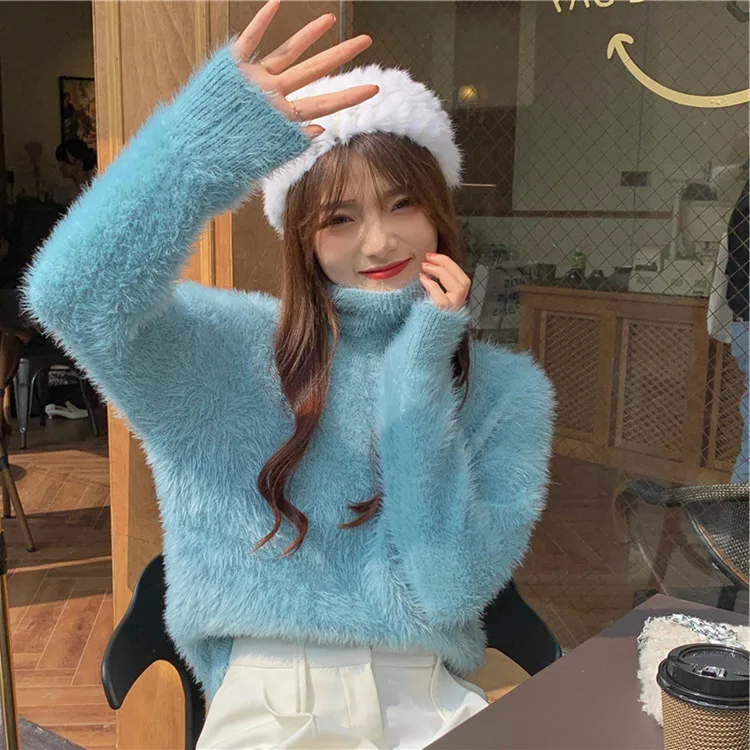 Теплый зимний пушистый мохеровый вязаный свитер женские повседневные пуловеры