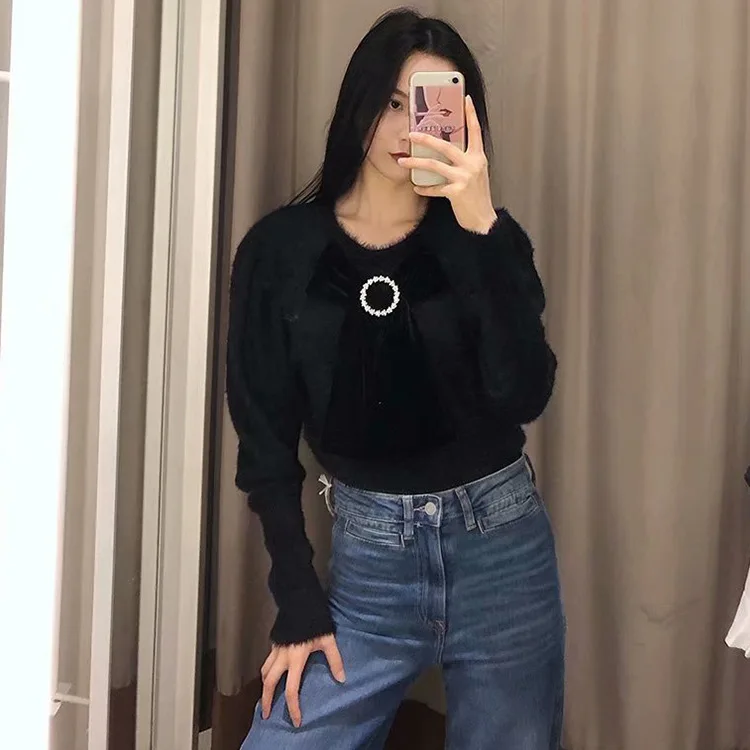 Women Long Sleeve Casual Warm Sweater Female Knit Jumpers Top Autumn Winter Bow Sexy Thick Sweater Pullovers O-Neck Full