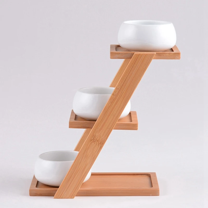 Суккулентная плантатор бамбук растение стенд полка вмещает 3 цветочный горшок