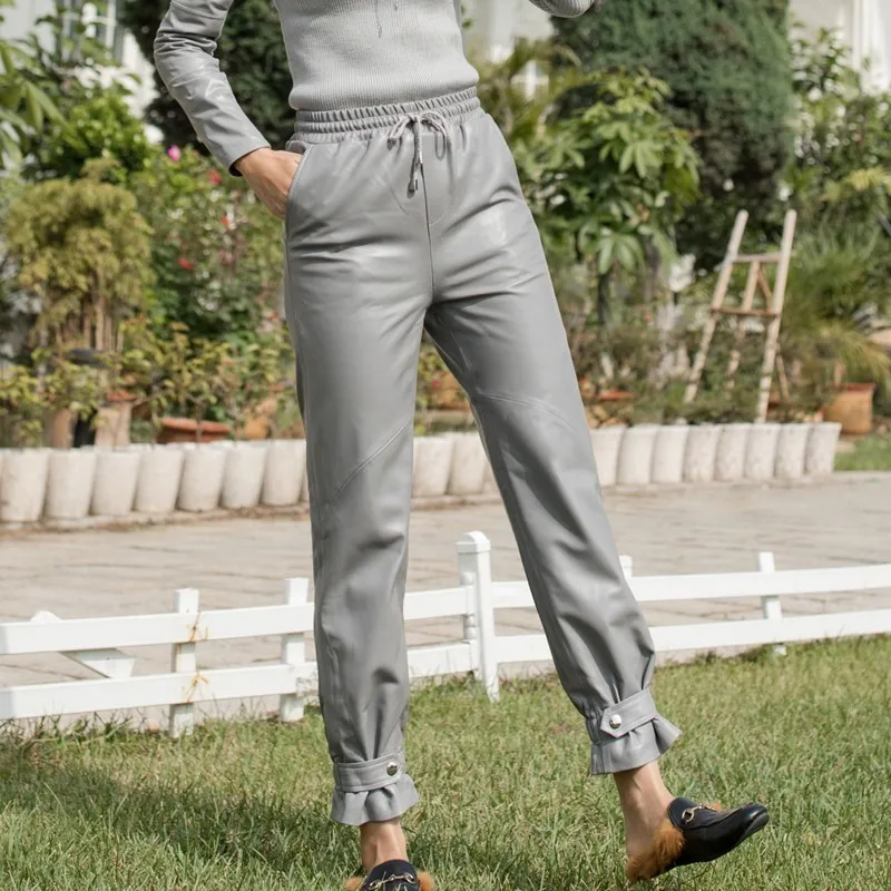 Casual Loose Fit Genuine Leather Sheepskin Womens Harem Pants Autumn Winter New Drawstring Waist Streetwear Ankle Length | Женская