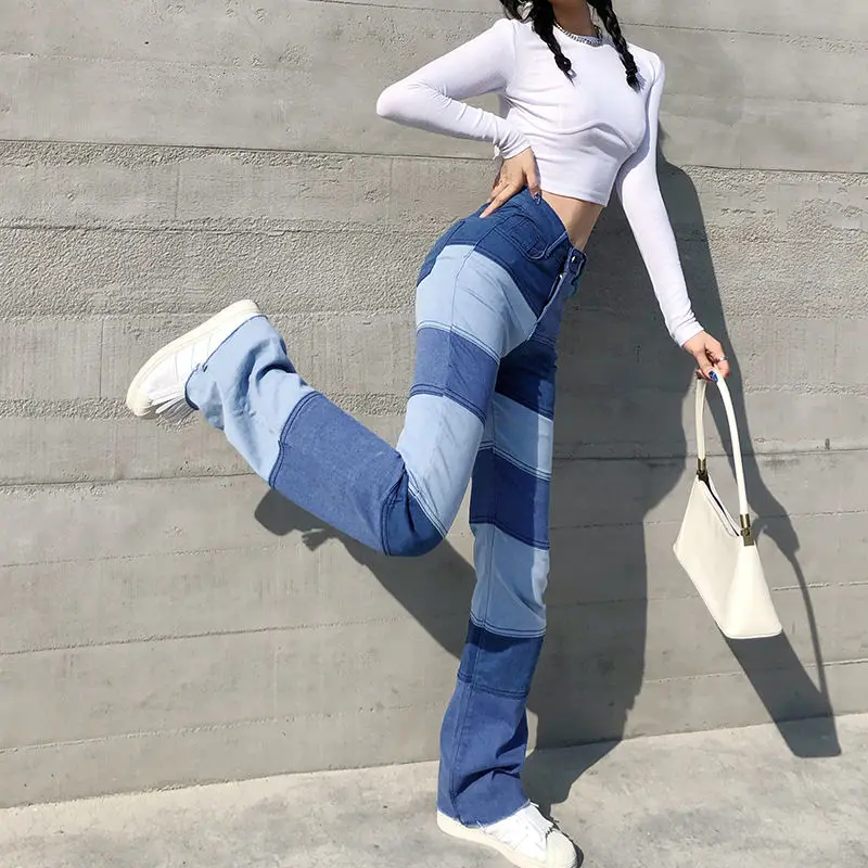 

2021 spring traf women's new fashion stitching contrast color high-waisted straight jeans trousers slim slim y2k Women's pants