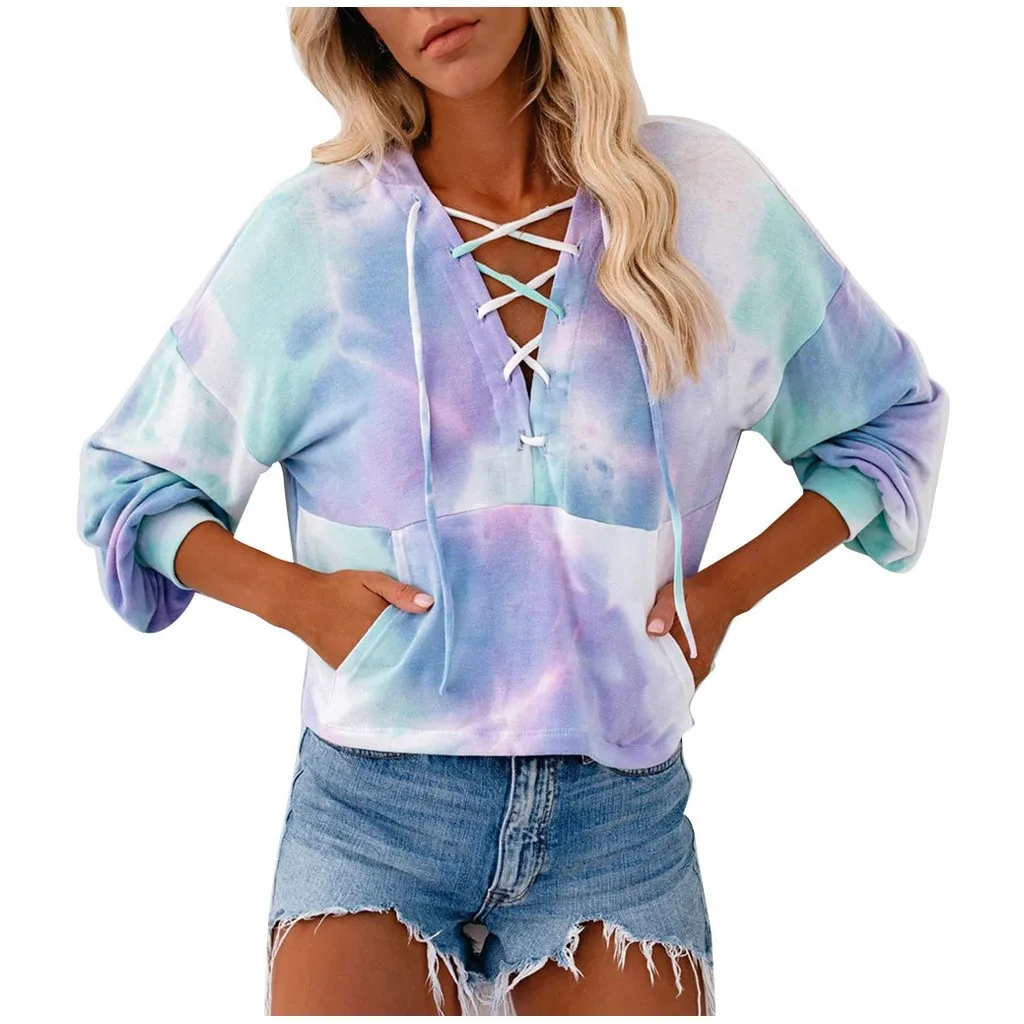 new women sweetshirts Casual Tie-Dye Printed Long Sleeve Pullover Hooded Drawstring clothes for women sudadera mujer