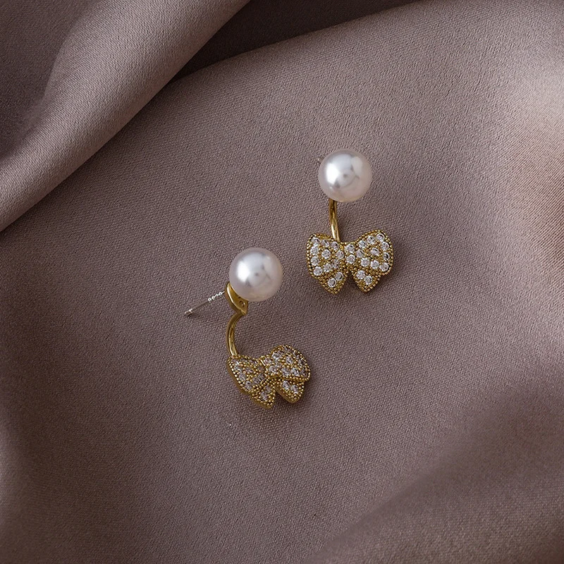 

Korean Style Individuality Rhinestone Bow Sweet Fairy Imitation Pearl Drop Earrings for Women Fashion Jewelry Accessories