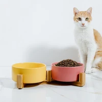 real sale pet cat bowl food water feeder durable multiple color option double bowls with wood dogs stand supplies for product