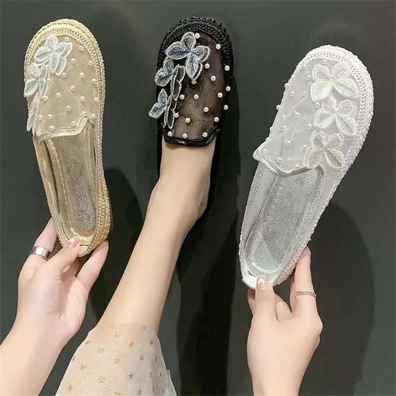 

Comemore женская обувь, модные милые однотонные сетчатые бабочки с вышивкой и жемчугом, украшения на плоской подошве, удобные летние туфли