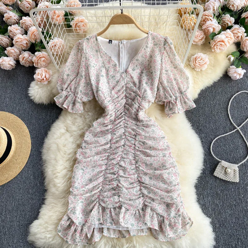 

Fashion Sexy V-neck Ruffle Ruched Bodycon Dress 2021 Summer Floral Printed Chiffon Mini Dresses Petal Sleeve Beach Vestidos New