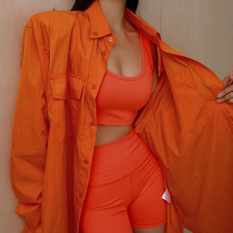 

2022 Casual Cotton Long Sleeve Loose Y2K Orange Shirt Pocket Female High Street Shirt Dress Fashion Oversized Long Shirt Women