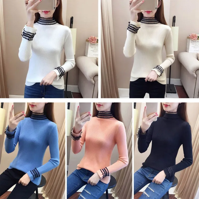 

Fashion Slim Solid Color Mesh Stitching Women Sweater Autumn Winter New Pullover Turtleneck Long Sleeve Knit Bottoming Shirt