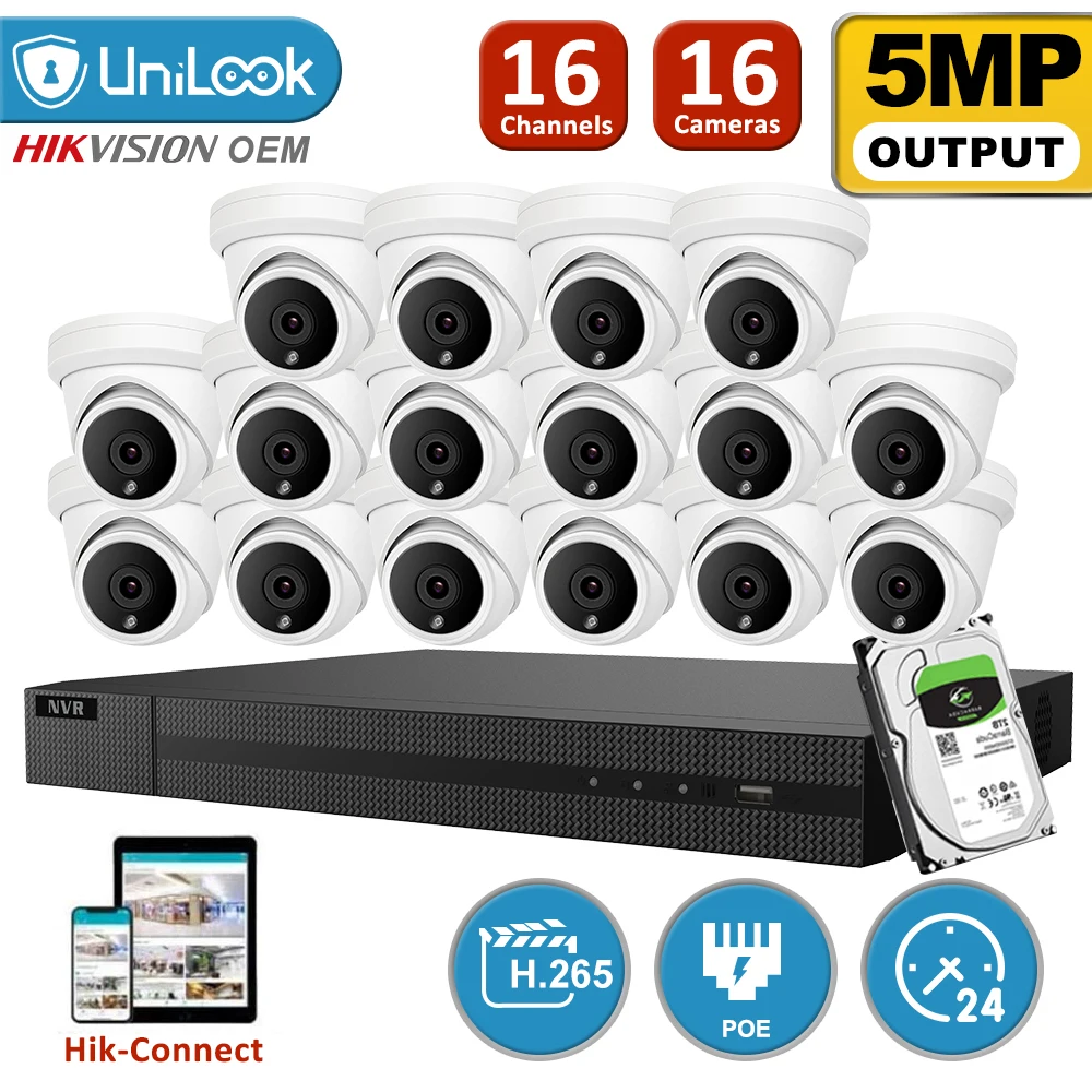 

UniLook 16CH NVR 16Pcs 5MP Turret POE IP Camera NVR Kit Outdoor Security System 2.8mm Fixed Lens IR NVR Kit P2P View H.265