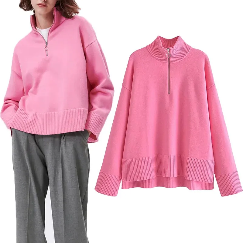 

Za Winter Pink Knit Zip Sweater Women Long Sleeve Turtleneck Elegant Jumper Fashion Asymmetric Hem Female Loose Warm Knitted Top
