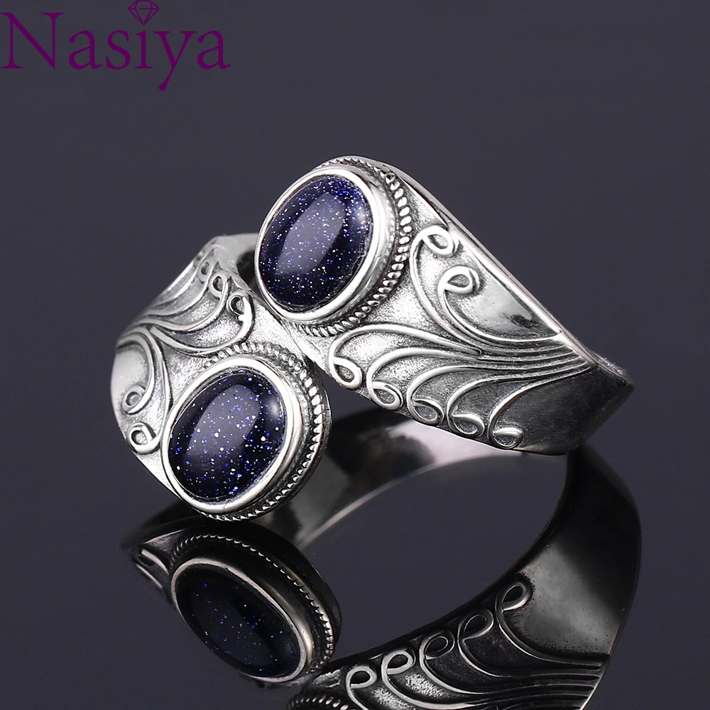 

Nasiya New Design Punk Hiphop Ring With Two Blue Sandstone Women 925 Sterling Silver Jewelry Party Birthday Gift