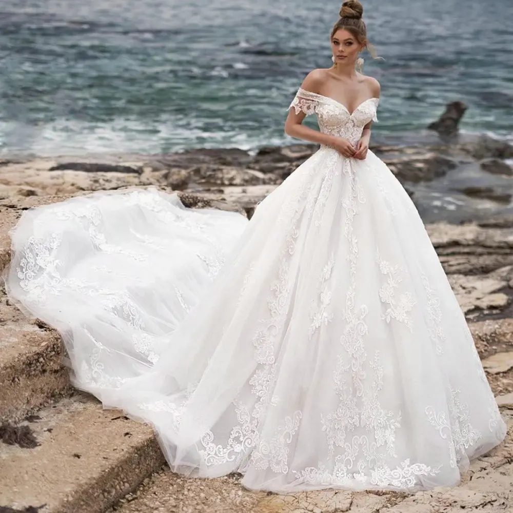 

Luxury Lace Tulle Chapel Train Ball Gown Wedding Dress 2021 Sweetheart Off-the-Shoulder Backless Bridal Gowns Vestido De Novia