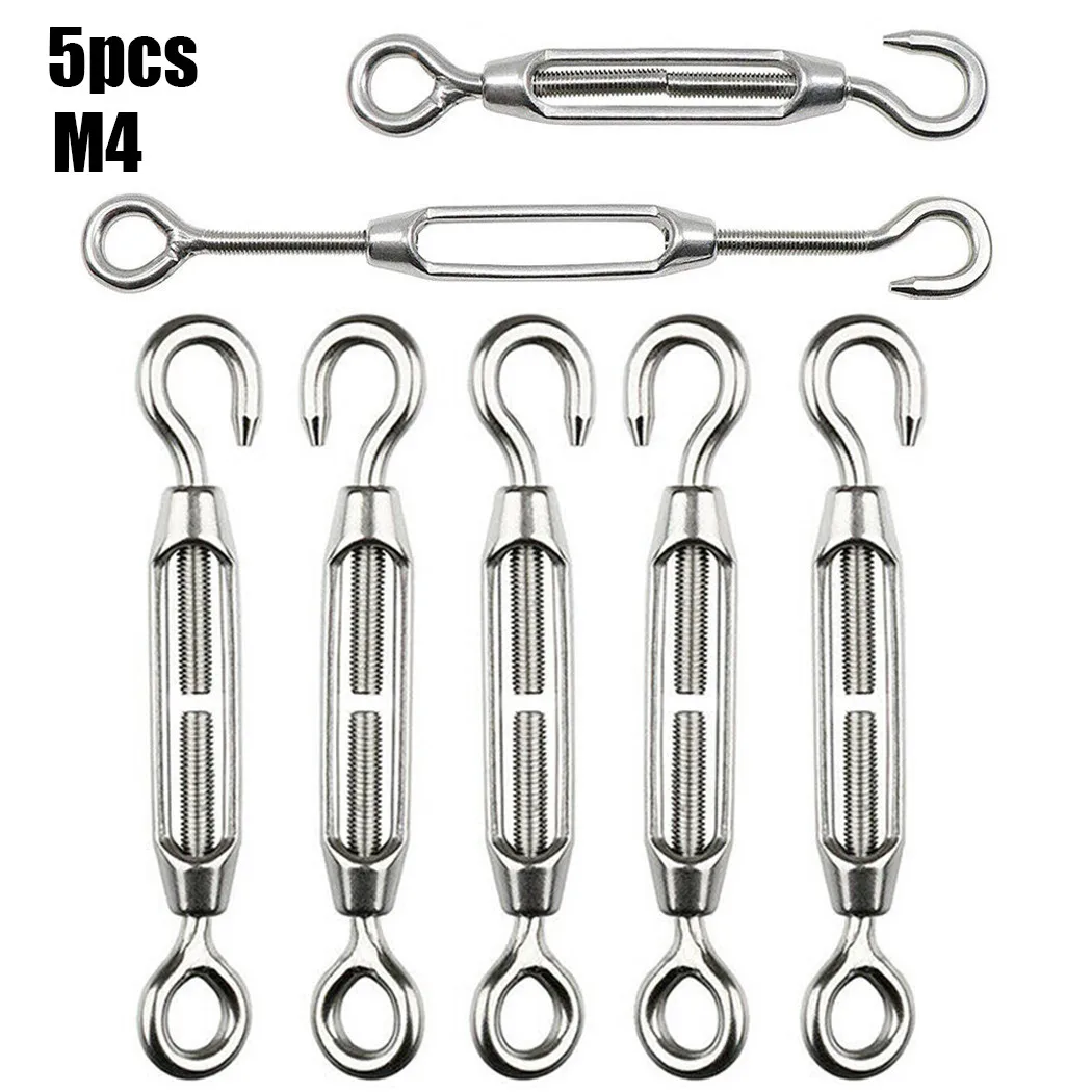 

5Pcs M4 Turnbuckle Strainer Stainless Steel Hook Eye Wire Tension Tensioner Household Storage And Collection Appliances