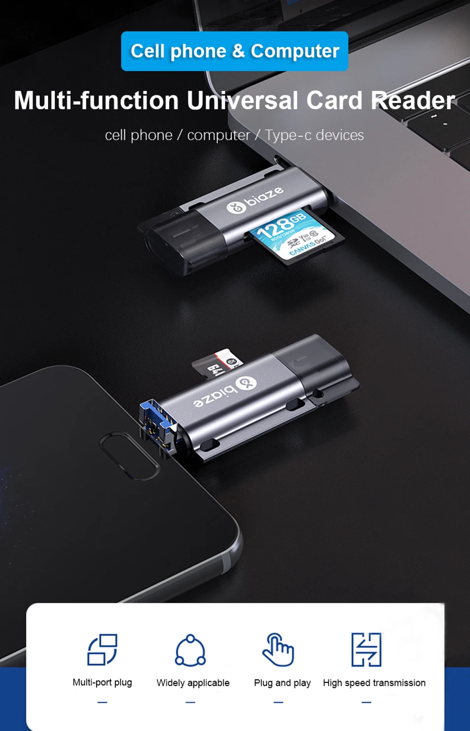 Biaze USB-C кард-ридер USB 2,0 Micro SD TF карты OTG карта памяти адаптер для ПК ноутбуков телефонов Тип C Micro USB SD кард-ридер
