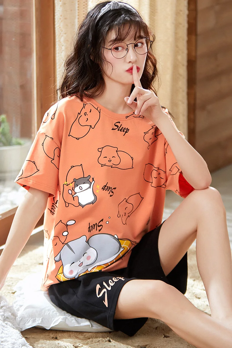 

2021 New 100% Cotton Summer Women's Pajamas Simple Cute Cat Sleepwear Round Neck Short Sleeve Tops+Shorts Pockets Home Service