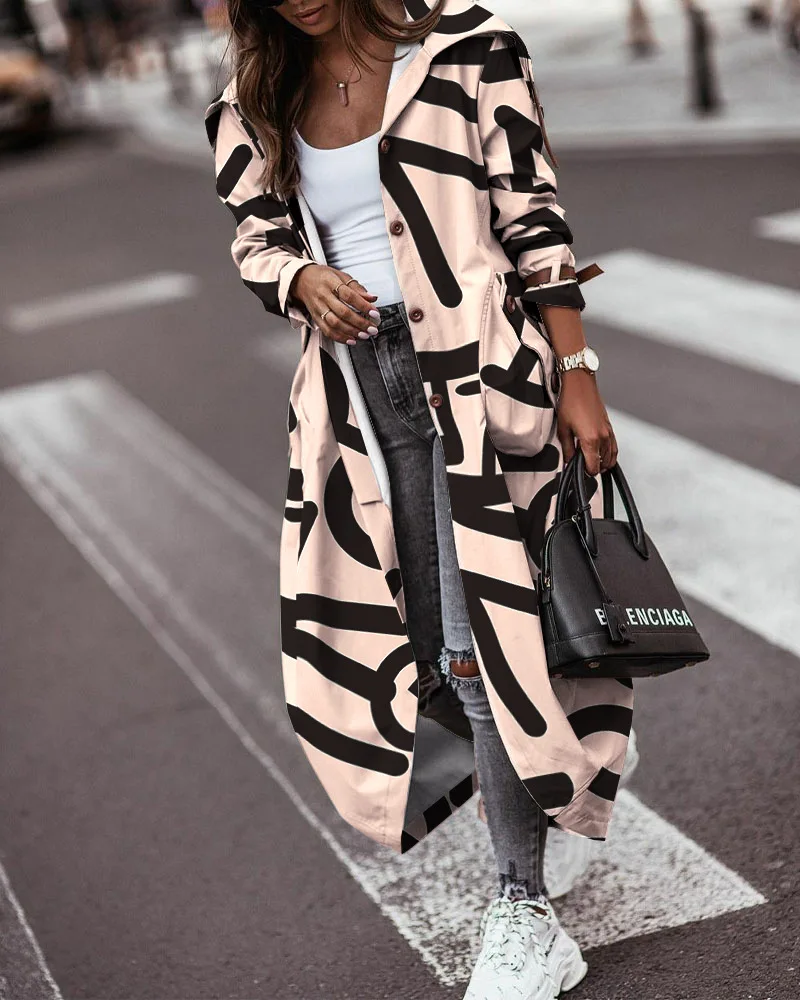 

Printed Single Breasted Windbreaker Coat Women Autumn Winter 2021 New Fashion