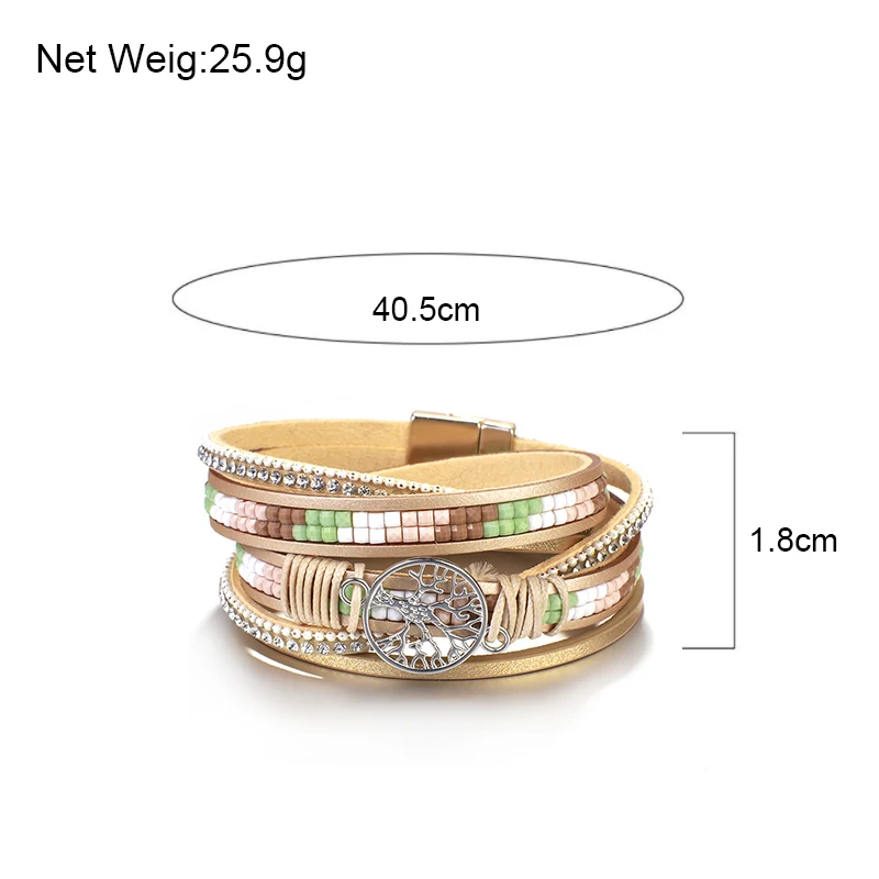 

ALLYES Rhinestone Leather Bracelets for Women Tree of Life Ladies Multilayer Miyuki Beads Wide Wrap Bracelet Female Jewelry