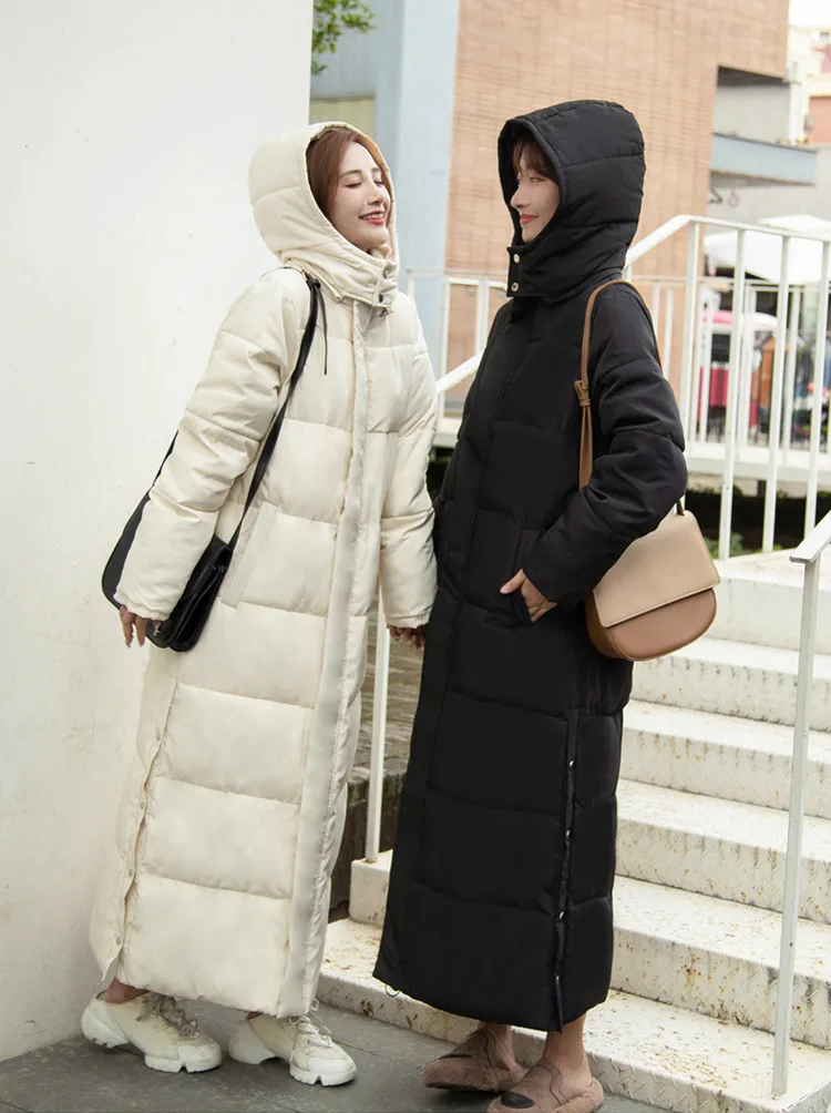 Winter Down Coat Hooded Cotton-padded Jacket Warm Fashion Korean Version Super Long Multicolor Pocket Button Split Cotton Coat