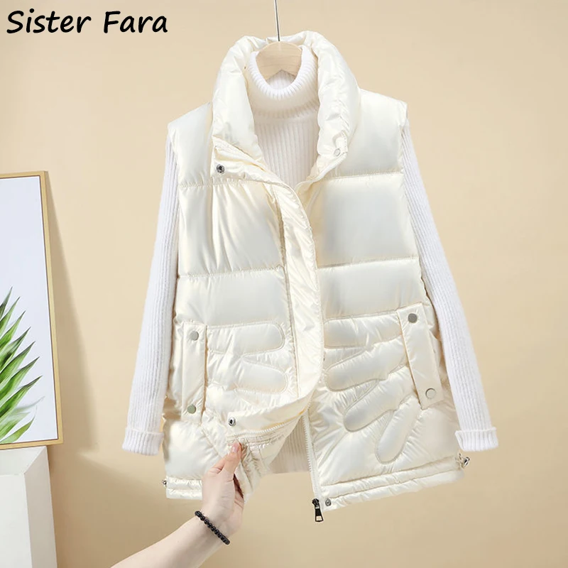 

Новинка 2021, зимний хлопковый глянцевый жилет Sister Fara, женский теплый плотный жилет с воротником-стойкой, Свободное пальто без рукавов для жен...