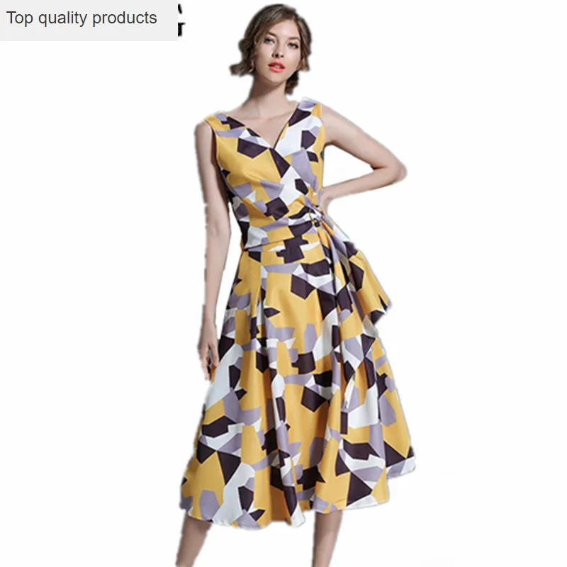 

Summer Dress 2020 New Elegant Printing Long Dress Female Sleeveless Party Dresses For Women V-Neck Sexy vestido longo YQ037