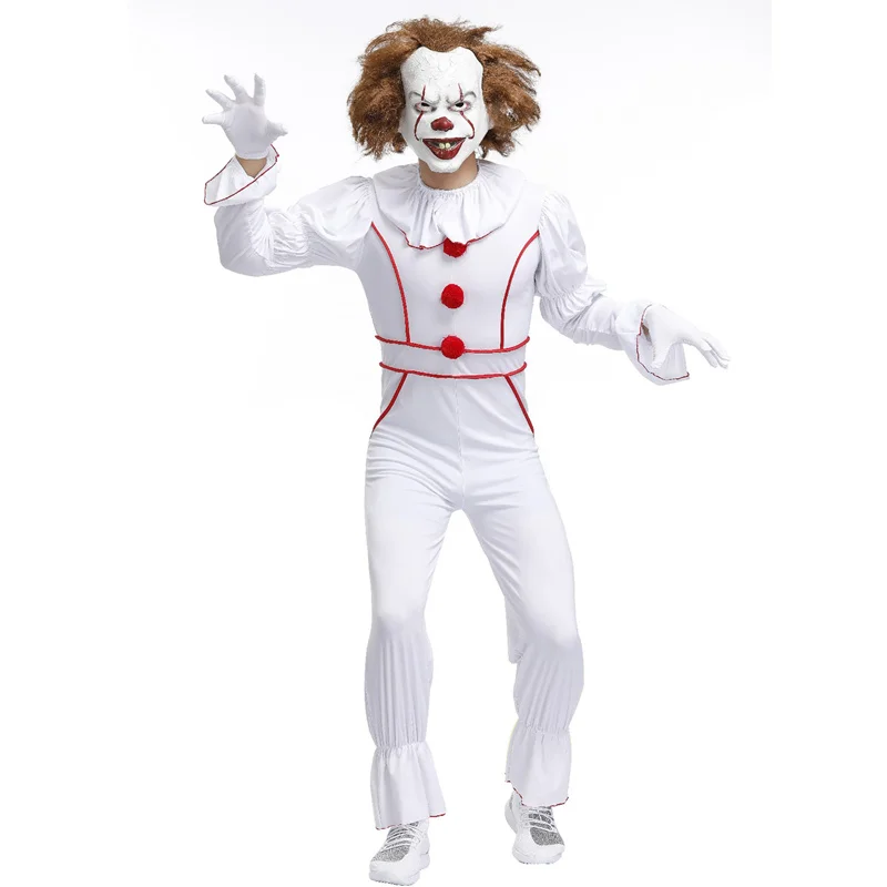 White Horror Clown Joker Pennywise Killer Clown Cosplay Costume Adult Men Costume Fancy Halloween Outfit Suit Clown Costume
