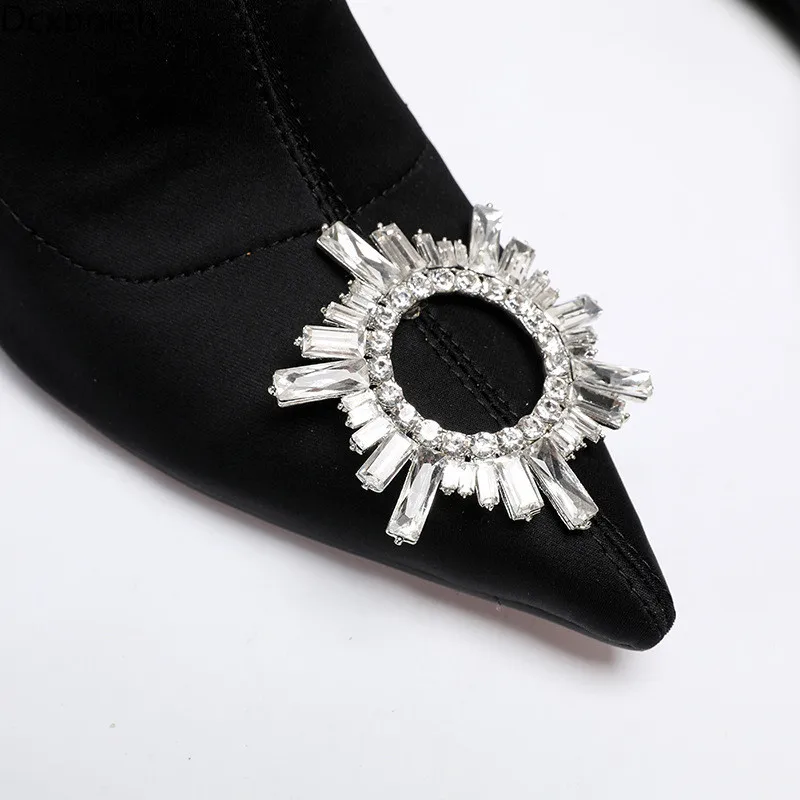 

Red runway pointed toe crystal Elastic boots woman cup high heel woman sock ankle boots woman slip on black short boots woman