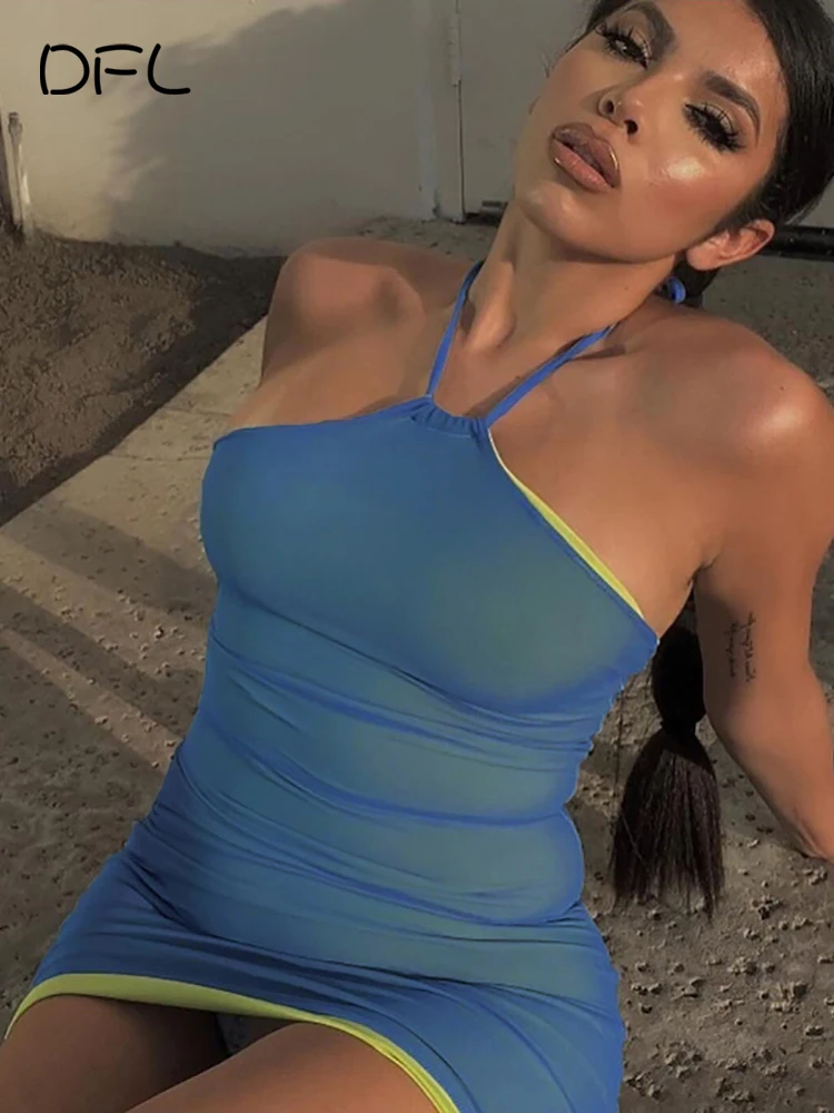 

DFLlifes Gauze Women's Dress Halter Backless Lace Solid Sexy Clubwear Woman Clothes Spring Summer Slim Dresses Basic Robe 2022