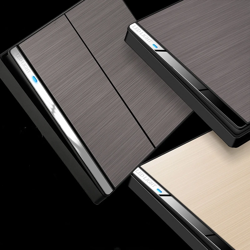 

250V 1/2/3/4gang 1/2way 86*86MM Fashionable black stainless steel wire drawing panel with LED power indicator wall switch L77