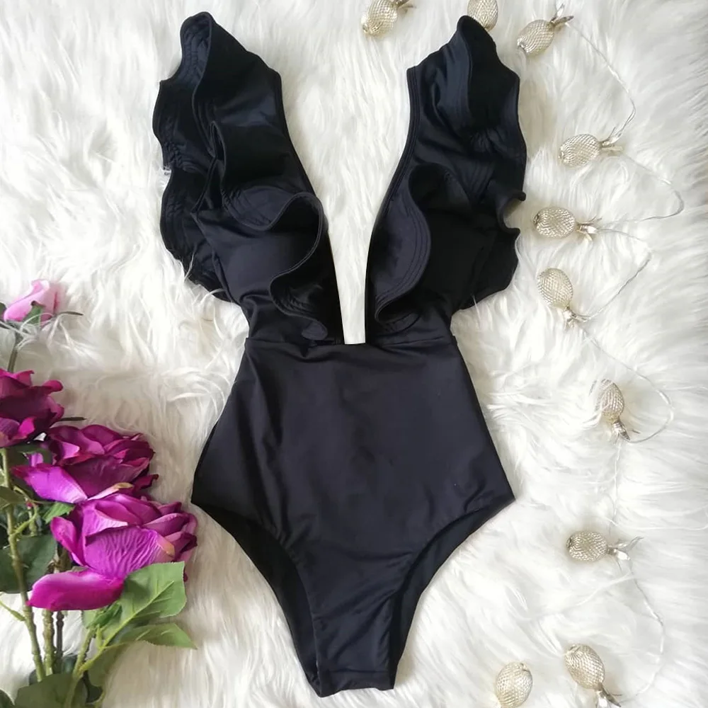 2021 New Print Swimwear Deep V-neck Ruffle Swimsuit Push Up One Piece Swimsuit Beach Wear Backless Monokini