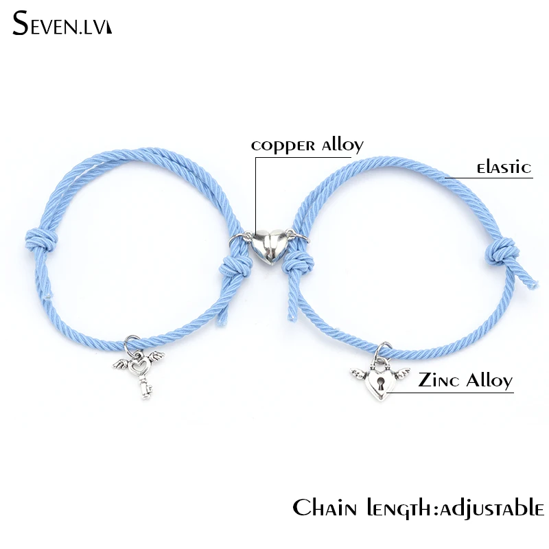 

2pcs / set heart magnet attract couple Bracelet lock key pendant love jewelry adjustable braided rope bangle for women and men
