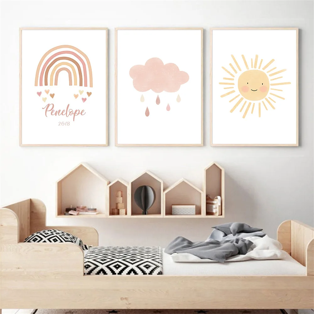 

Custom Name And Date Poster Rainbow Sun Cloud Art Print Heart Wall Art Canvas Painting Nordic Pictures Baby Girls Room Decor