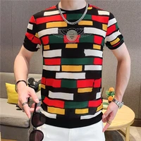summer striped short sleeve t shirt men mesh breathable o neck tops tees streetwear casual t shirt luxury ice silk men clothes