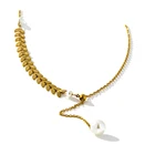 Длинное ожерелье Yhpup с подвеской из искусственного жемчуга, из нержавеющей стали, воротник-ожерелье с золотыми листьями