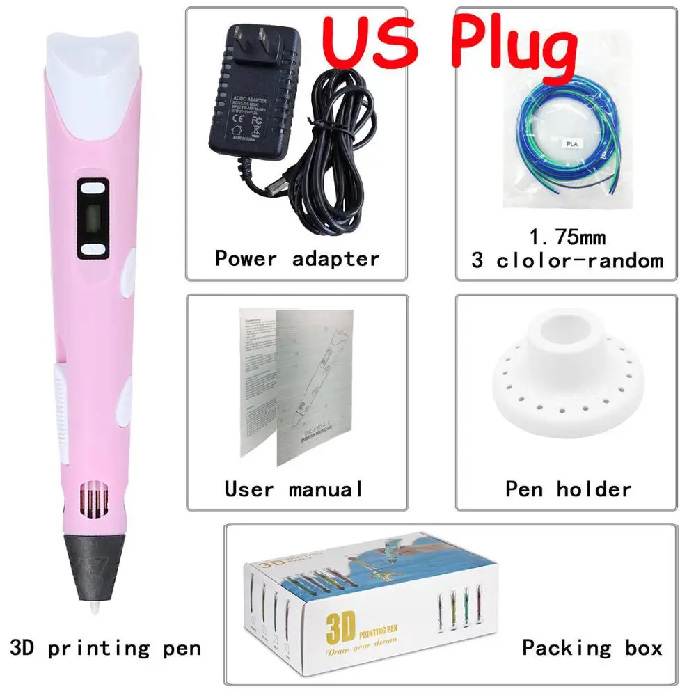 Pink US EU/UK/US/AU Plug 3D Ручка для печати 1,75 мм PLA/ABS умные 3D ручки для рисования детские игрушки для рисования Детские Картины Сделай Сам ручка подарки - Цвет: Pink US