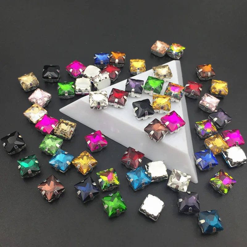 Лидер продаж стеклянные стразы квадратной формы 8 мм 10 12 14 Пришивные серебристыми